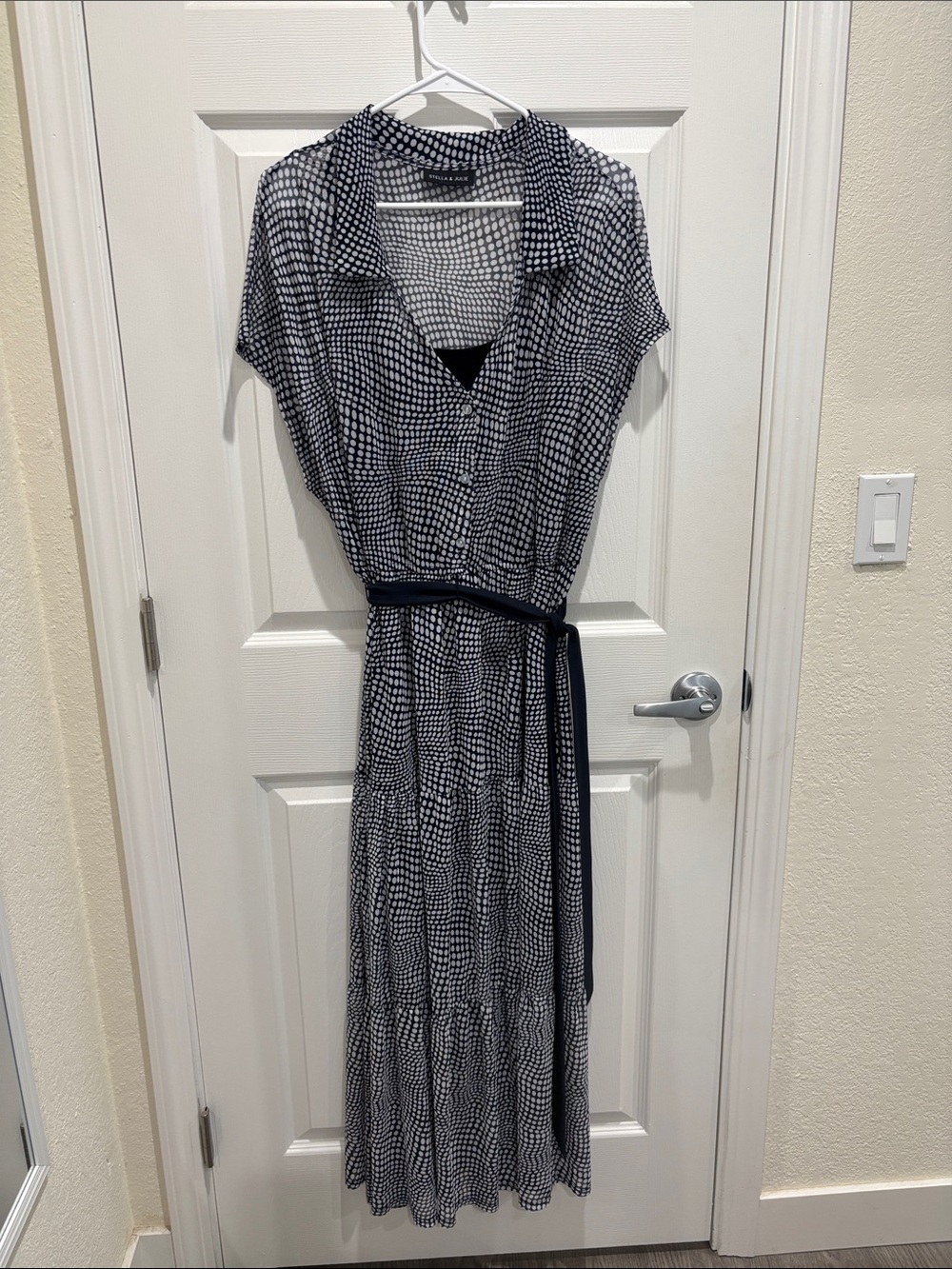 Navy and White Polka Dot Maxi Dress by Stella & Julie Short Sleeves Stretchy XL